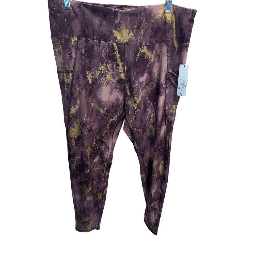 Tahari Sport‎ Womens XL Plum Gold Foil Marble High Waisted Leggings with Pockets